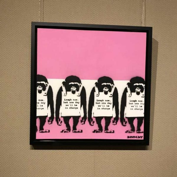 Framed Banksy multiple Monkeys 'Laugh now' from Banksy exhibition in Amsterdam.